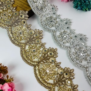 Dark Gold - Silver Zircon & Mirror Scalloped Lace Trim, Indian Sari Border 3 inch Wide