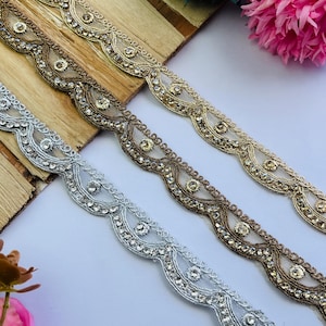 1 Yard, Antikguld - Silver Tunn Kant | Strassbroderad Spetskant