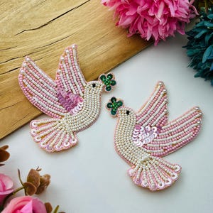 Handcrafted Pink Pearl Dove Patch Set, Sequin Beaded Bird Appliqué Pin , Fashion Accessory