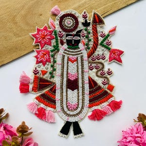 Shree Nathji Handmade Patch: Embroidered Lord Krishna Applique with Pearls (1 Pc)