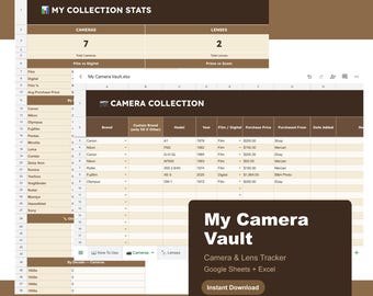 Registro de colección de cámaras y objetivos: Hojas de cálculo de Google + Excel (Descarga instantánea)