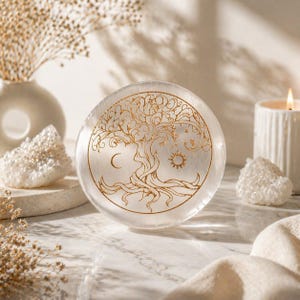May include: A clear, round selenite plate with a gold-colored Tree of Life design, a crescent moon, and a sun. The plate is surrounded by a white candle, crystals, and a vase with dried flowers. The overall theme is spiritual and decorative.