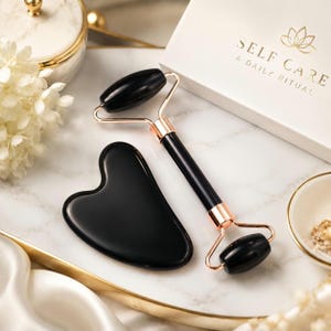 Juego de rodillo facial Gua Sha de obsidiana negra, herramienta de masaje facial de cristal natural