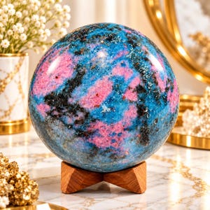 Puede incluir: Una piedra esférica pulida que presenta una mezcla vibrante de inclusiones minerales en azul brillante, rosa intenso y negro. La esfera descansa de forma segura sobre un pequeño soporte de madera de tres patas, con una superficie lisa y brillante.