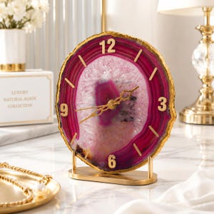 Pink Agate Table Clock: Natural Gemstone Desk Decor, Vintage Office Accent