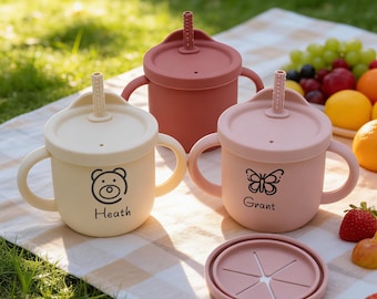 Gobelet en silicone personnalisé | Gobelet d'entraînement étanche pour tout-petits, cadeau personnalisé pour bébé