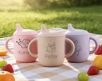 Personalisierte Silikon-Schnabeltasse | Auslaufsicherer Kleinkind Trainingsbecher mit Gravur