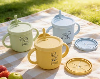 Personalisierte Silikon-Schnabeltasse | Auslaufsicherer Kleinkind Trainingsbecher, Name eingraviert