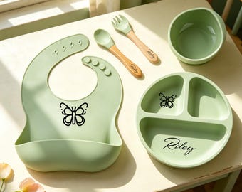 Personalized Baby Feeding Set | Silicone Weaning Kit with Plate, Bib, Spoon & Fork, Baby Shower First Birthday Gift