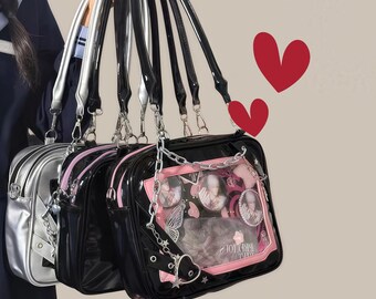 Bolso bandolera transparente estilo Ita con cadena, bolso de anime kawaii y moderno, bolso de exhibición para muñecas de peluche de capacidad media.