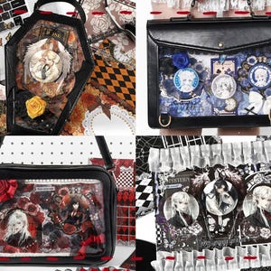 Puede incluir: Un collage de cuatro bolsas decorativas con paneles transparentes. Las bolsas son negras y presentan varios diseños, incluyendo rosas, mariposas e ilustraciones de personajes. Una bolsa tiene forma de ataúd, mientras que otras son rectangulares.