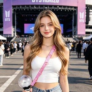 May include: A white sleeveless crop top paired with light blue denim jeans and a pink and white gingham patterned strap featuring small pink heart-shaped accents. The strap is attached to a clear spherical light stick with a black handle.
