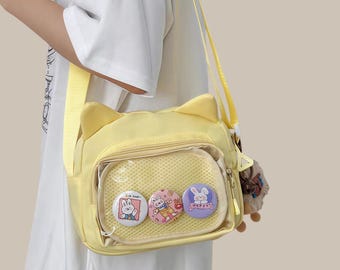 Bolso bandolera Ita transparente Kawaii, mini bolso Ita con orejas de gato, bolso de hombro estético de estilo japonés con ventana para mostrar pines.