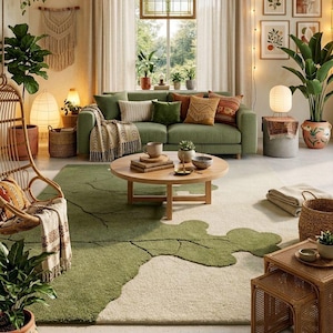 May include: A cozy living room with a green sofa, a round wooden coffee table, and a green and beige rug. The room is decorated with plants, woven baskets, and framed botanical prints. A hanging chair and string lights add to the inviting atmosphere.