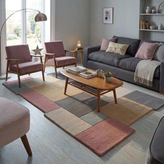 Hand Tufted Geometric Patchwork Rug, Soft Pastel Abstract Carpet, Living Room Decor