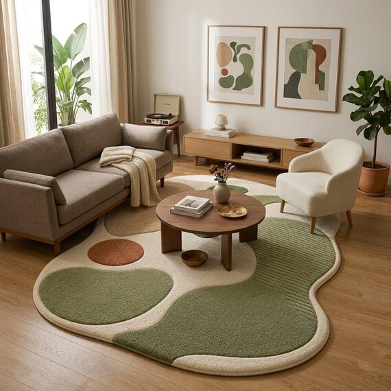 Irregular Sage Green Abstract Wool Rug, Organic Modern Hand-Tufted Carpet