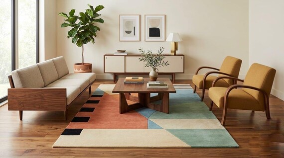 Handmade Geometric Abstract Area Rug, Color Block Tufted Carpet