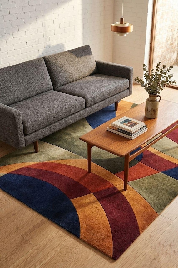 Hand-Tufted Abstract Geometric Area Rug – Mid-Century Modern Wave Carpet