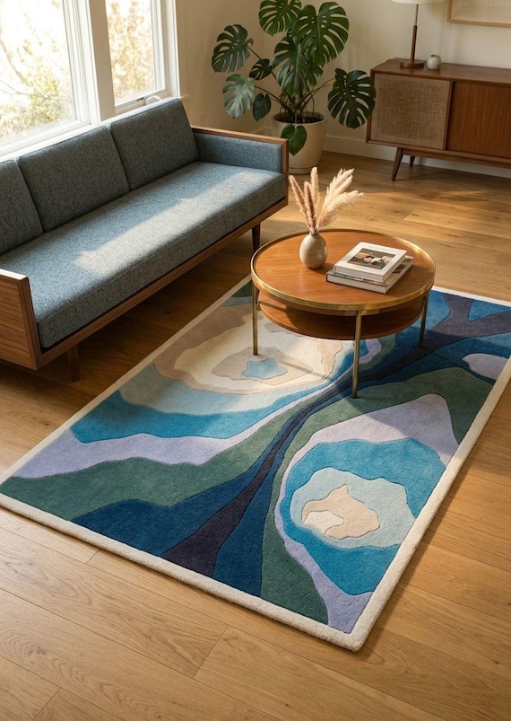 Abstract Topographic Wool Rug – Blue Teal Nordic Style Floor Decor
