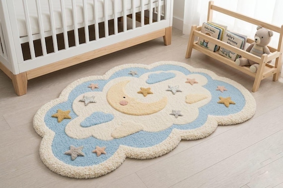 Hand Tufted Wool Cloud Rug – Celestial Moon Stars Nursery Playroom Decor