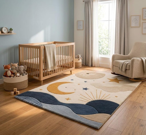 Hand-Tufted Wool Celestial Nursery Rug – Sun, Moon, Stars Playroom Carpet