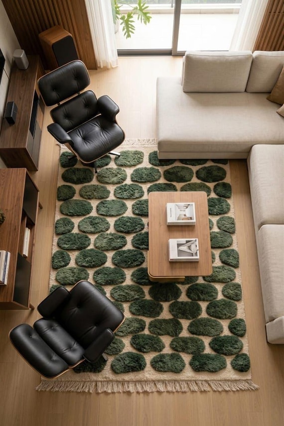 Hand-Knotted Wool Rug, Green Pebble Pattern, Modern Boho Carpet, Soft Textured Home Decor
