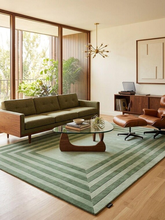 Hand-Tufted Geometric Area Rug, Modern Green Border Carpet, Living Room Bedroom Home