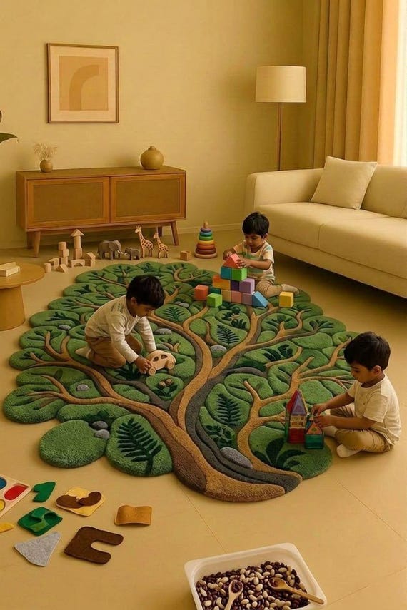 Handmade 3D Tufted Tree of Life Rug | Green Forest Nature Inspired Floor Art
