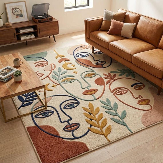 Hand Tufted Wool Abstract Face Rug, Boho Line Art Area Carpet, Minimalist Mid Century Modern Living Room Decor, Earth Tone Terracotta Rug