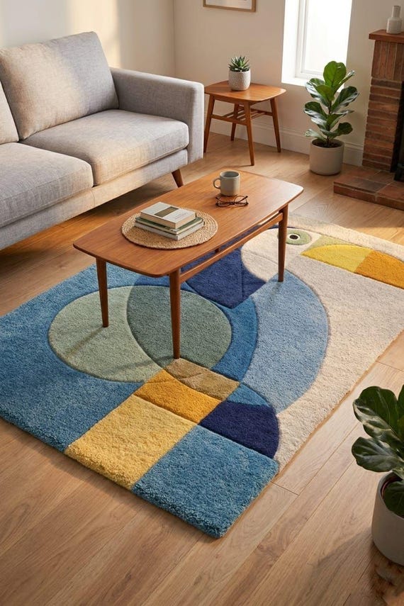 Abstract Toucan Tufted Rug, Modern Geometric Scandinavian Carpet, Handmade Wool Floor Rug