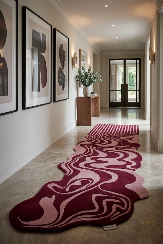 Wavy Runner Rug – Distorted Melting Stripes, Plush Wool Blend, Red Pink Home Decor