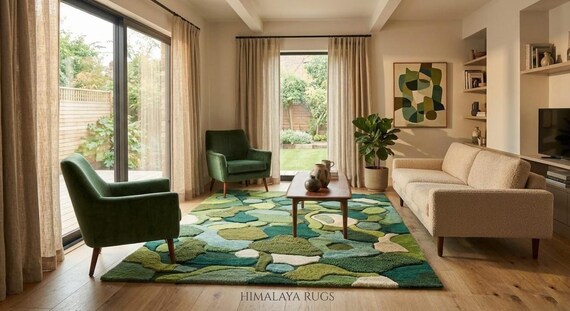 Handmade Wool Abstract Green Area Rug, Modern Tufted Carpet, Contemporary Designer Home Decor