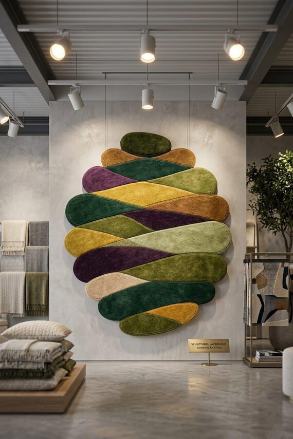 3D Layered Abstract Rug – Hand-Tufted Wool, Earthy Tones, Scandinavian Living Room Decor