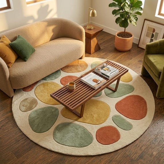 Abstract Pebble Round Rug – Earthy Sage Terracotta Organic Carpet