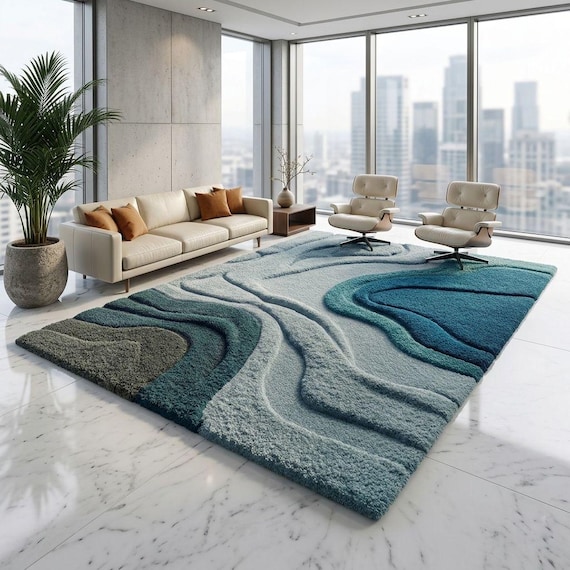 3D Topographic Wave Rug – Hand-Tufted Blue Teal Moss Carpet, Coastal Home Decor