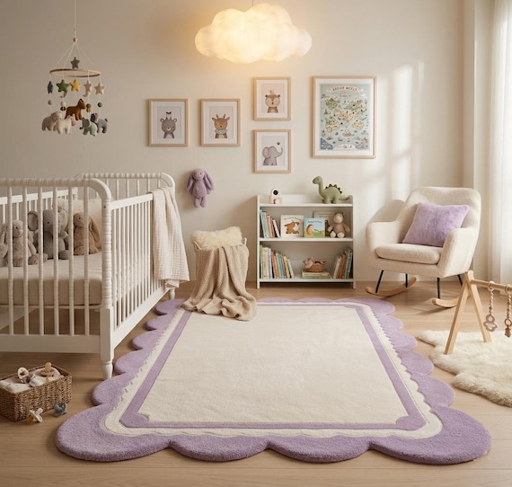 Hand-Tufted Lavender Scalloped Rug, Pastel Wavy Edge Carpet, Soft Nursery Decor