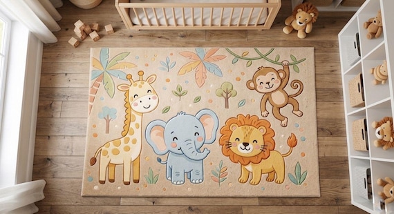 Safari Animals Nursery Rug, Pastel Jungle Playmat, Hand-Tufted Wool Kids Decor