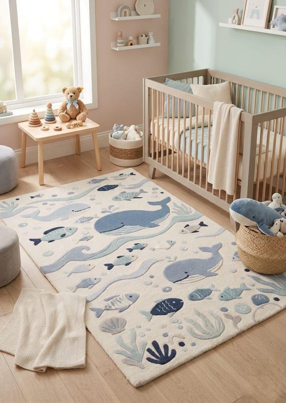 Hand Tufted Wool Whale Nursery Rug, Ocean Theme Playroom Decor