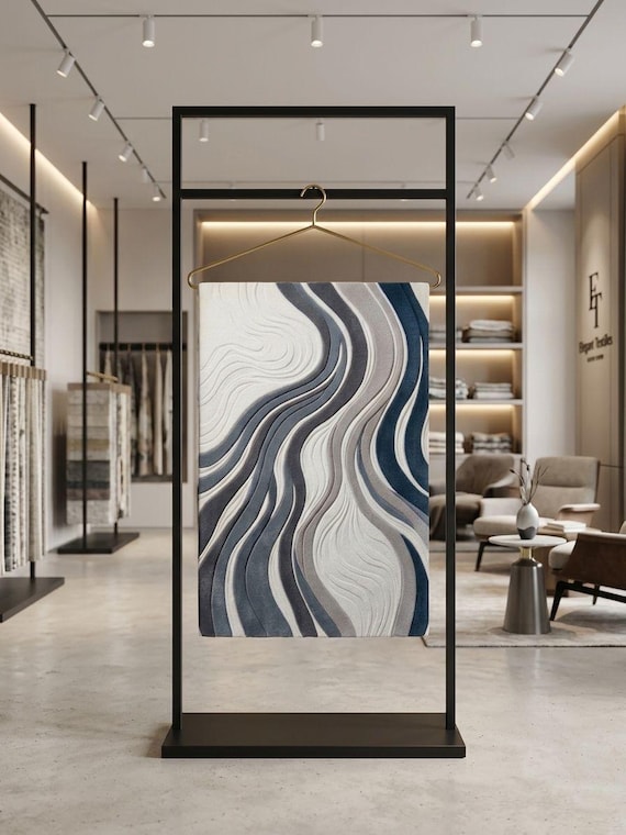 3D Abstract Wave Hand-Tufted Wool Rug – Modern Blue Grey Flowing Carpet