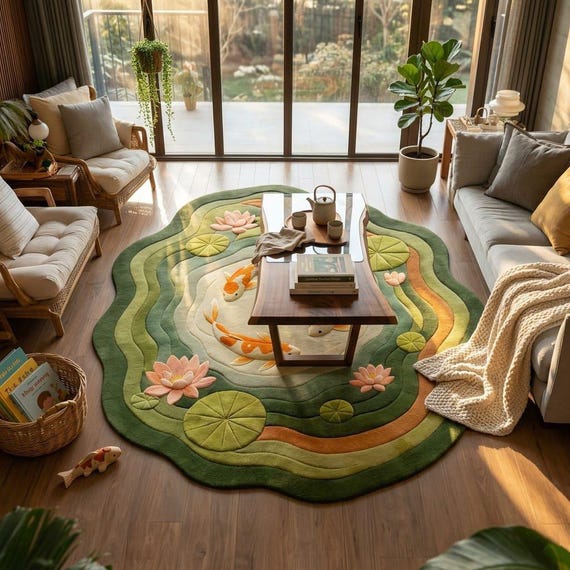 Hand-Tufted Wool Koi Fish Pond Rug, Japanese Zen Lotus Carpet, Meditation Room Decor