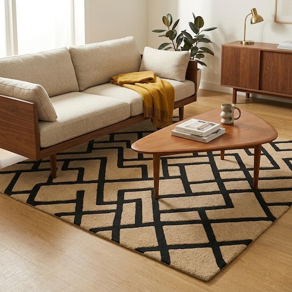 Modern Geometric Area Rug - Black & Beige Maze Pattern Contemporary Carpet for Living Room  Bedroom
