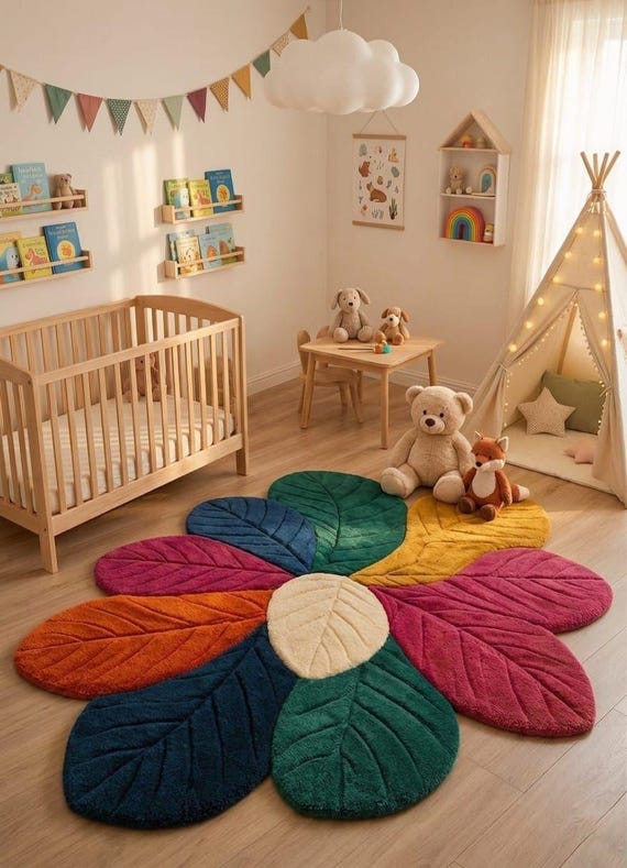 Hand-Tufted Leaf Wool Rug | Colorful Boho Nursery & Living Room Decor