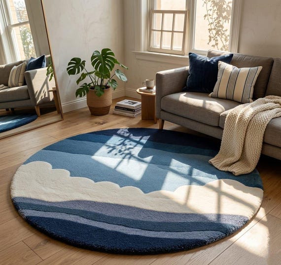Round Ocean Wave Plush Rug, Abstract Blue Boho Living Room Carpet