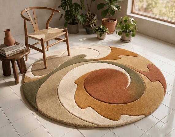Hand-Tufted Wool Round Rug – Abstract Earth Tone Swirl Design, Modern Organic Carpet