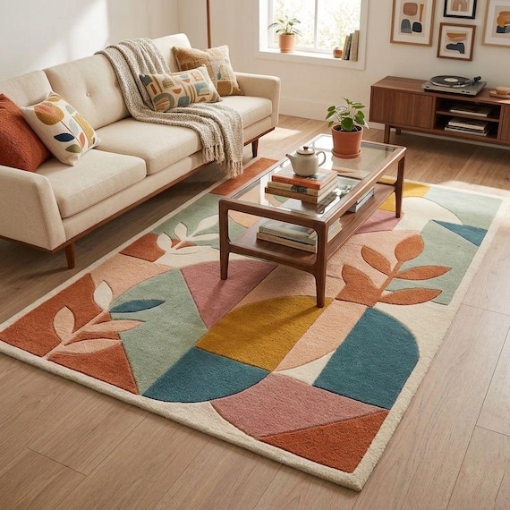 Hand-Tufted Wool Blend Geometric Floral Rug: Mid-Century Modern Abstract Botanical Area Carpet