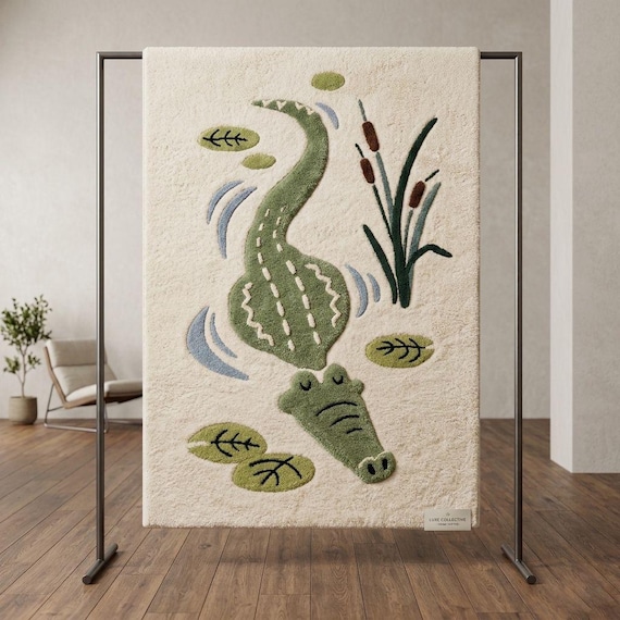 Hand-Tufted Wool Crocodile Rug | Playful Alligator Nursery Decor, Jungle Theme Carpet