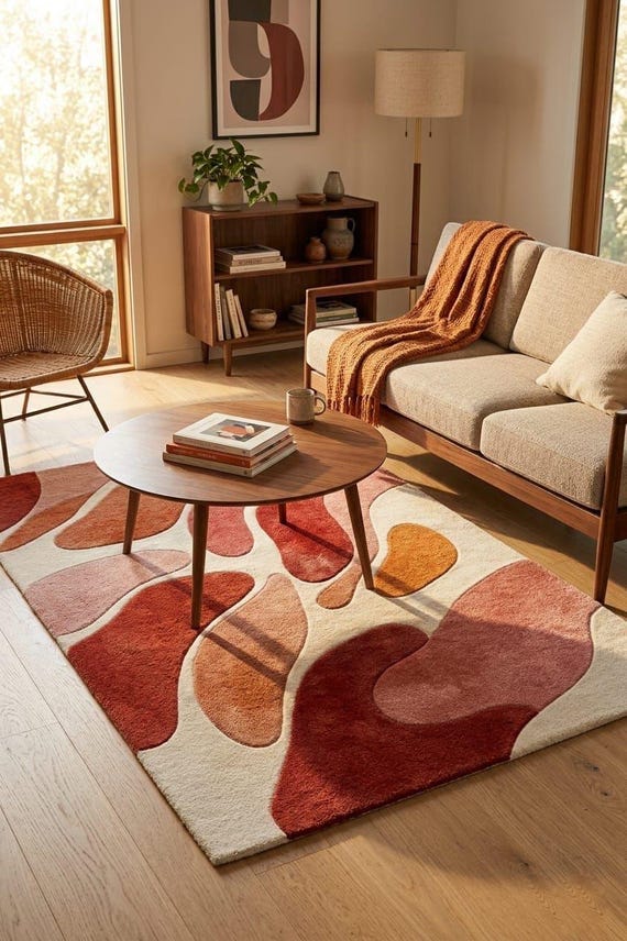 Handmade Abstract Tufted Wool Rug, Pink Red Beige Contemporary Carpet
