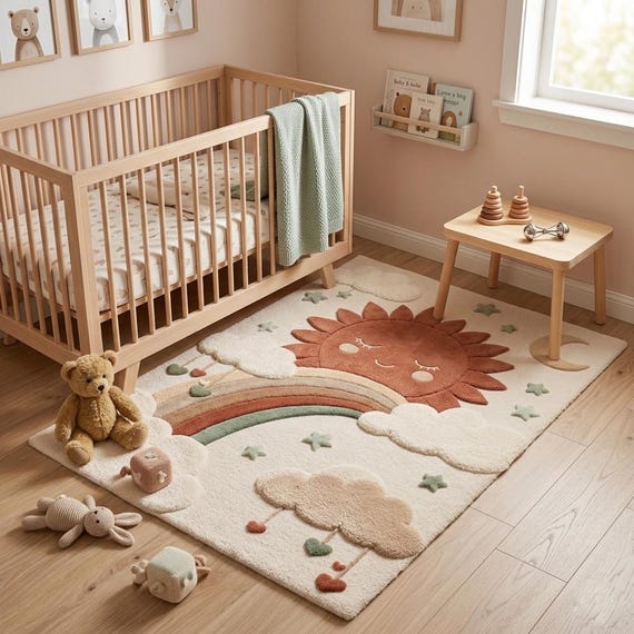Hand Tufted Wool Sun Rainbow Rug | Neutral Boho Nursery Carpet