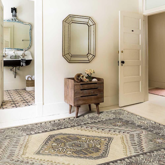 Hand Knotted Oushak Rug, Distressed Wool Oriental Carpet, Beige Grey Boho Area Rug