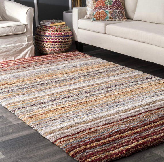 Modern Earth Tone Striped Shag Rug – Abstract Horizontal Pattern Carpet